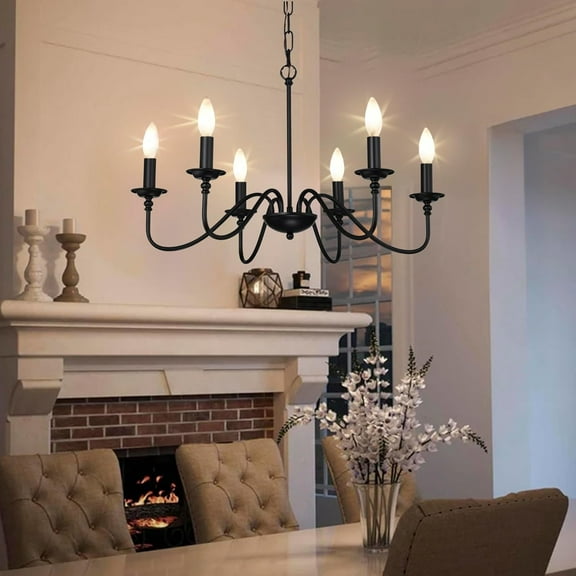 Farmhouse Black Chandelier 6-Light Candle Chandelier – Rustic Industrial Pendant Light Fixture for Dining Room, Living Room, Kitchen, Bedroom