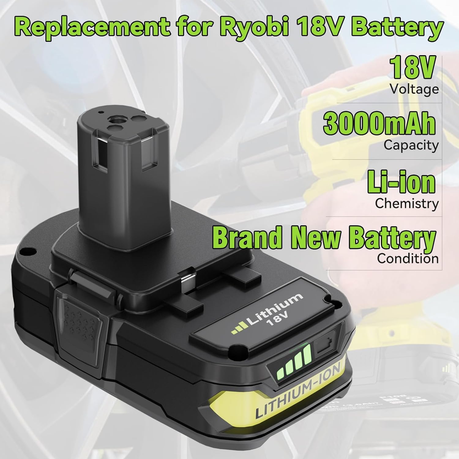 2Pack 3.0Ah High Capacity P108 Replacement for Ryobi 18V Battery Lithium Ion P102 P103 P104 P105 P107 P108 P109 P122 Compatible with Ryobi Cordless Power Tools