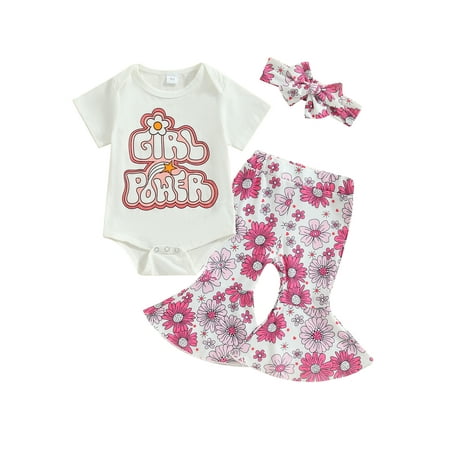 

aturustex 0-18 Months Baby Girls 3 Piece Set Letter Print Short Sleeves Romper and Elastic Floral Flare Pants Headband Summer Outfit
