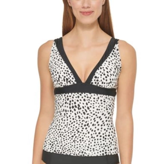 DKNY BRUSH DOT SOFT WHITE Printed Tankini Swim Top, US X-Small