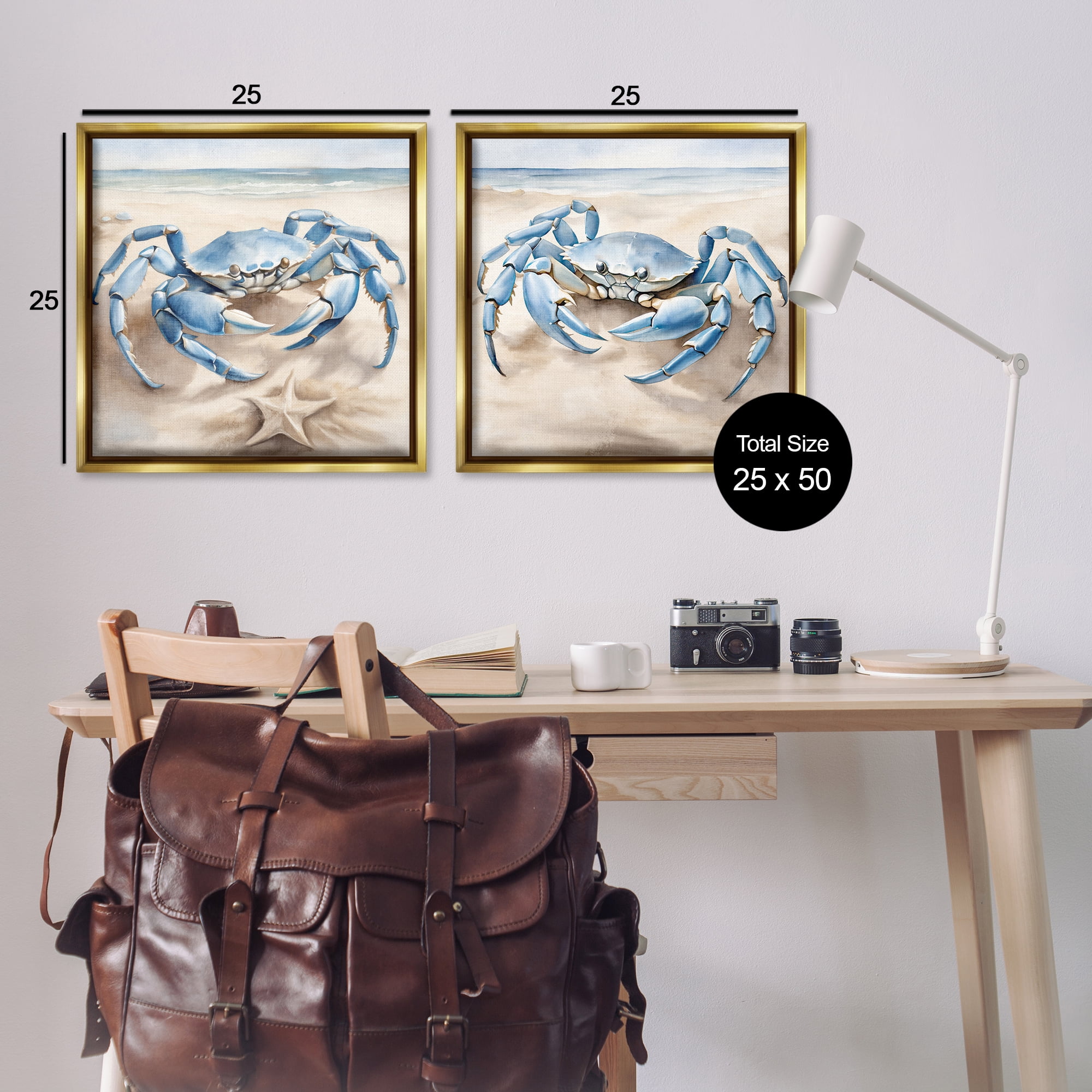 Stupell Industries Nautical Blue Crabs Beach Animals Painting Gold Floater Framed Canvas Art Print Wall Art, 25 x 25, Set of 2