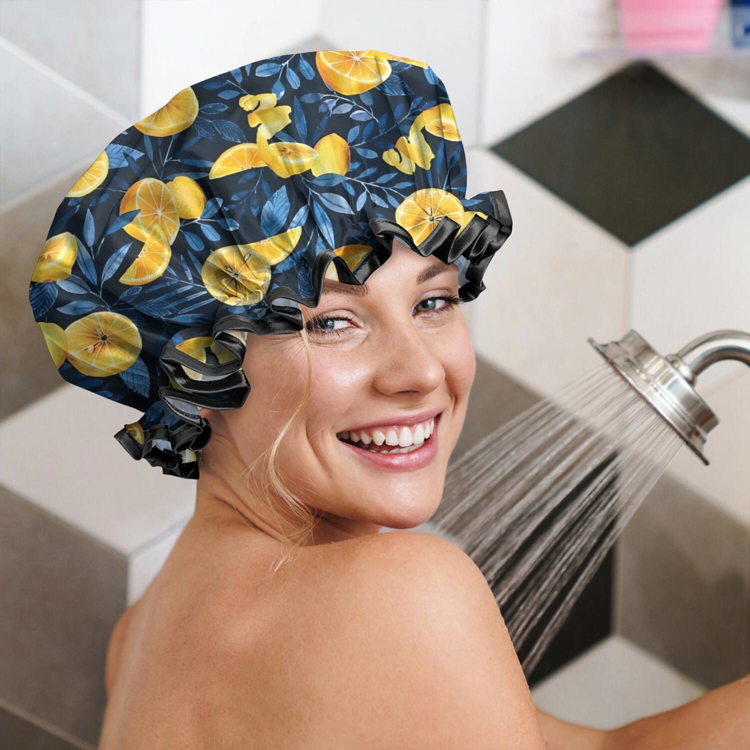 Shower Caps,Yellow Lemon Slices DarkBlue Pattern Waterproof Shower Cap for Women 4 Pieces,Double Reusable Hair Cover for Shower PEVA Elastic Stretch Hem