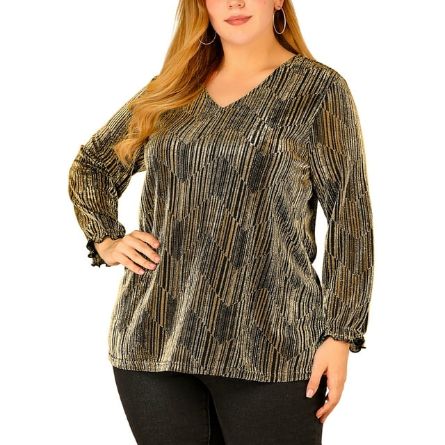 GRACE & GRANDEUR Women's Plus Halloween Glitter Sparkle V Neck Party Tops