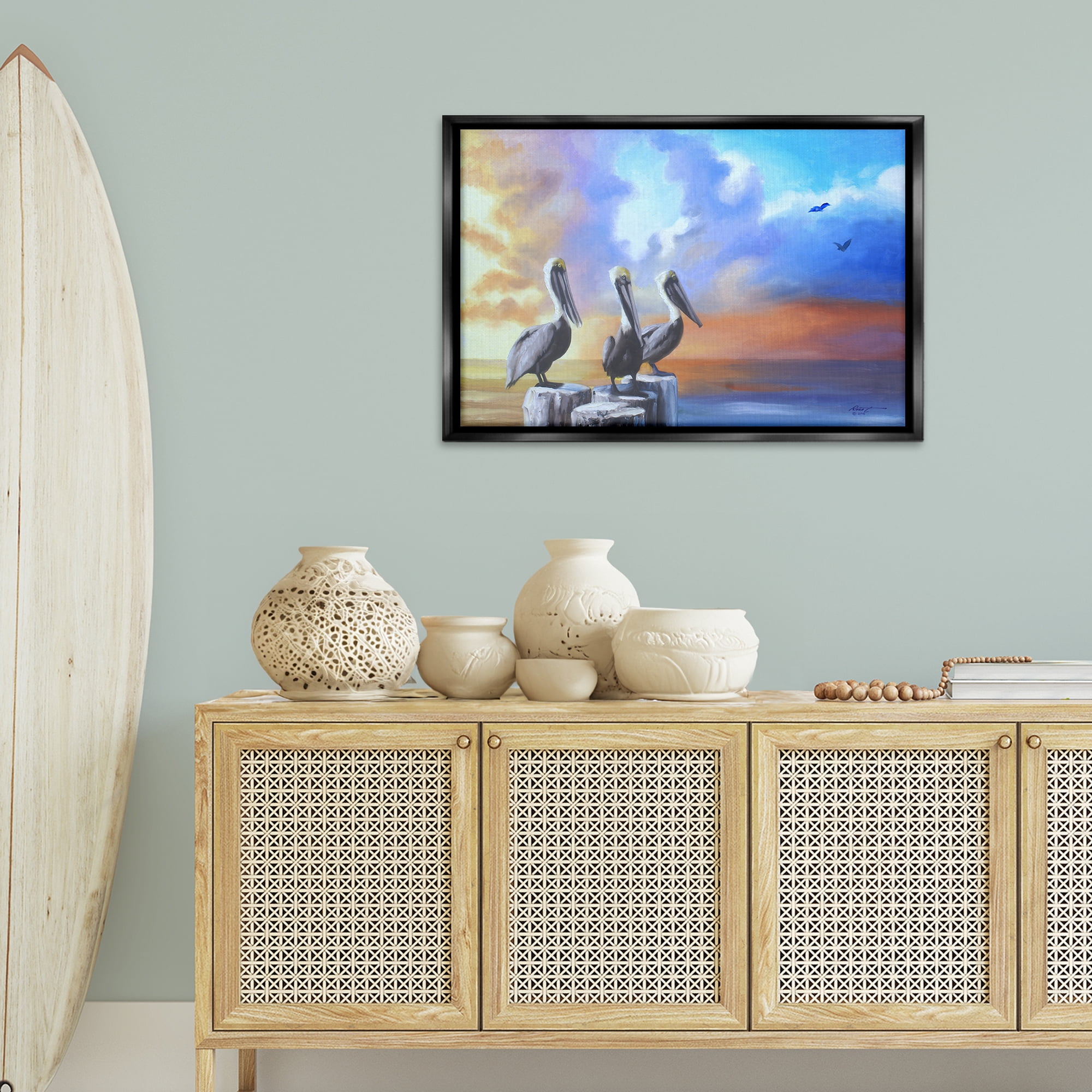 Stupell Industries Vivid Pelican Trio Landscape Painting Black Floater Framed Canvas Art Print Wall Art, 31 x 21