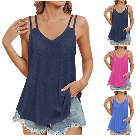 ZyeKqe Tank Tops for Women Eyelet Sleeveless Camisole Casual Spaghetti Strap Scoop Neck Cami Summer Beach Flowy Shirts