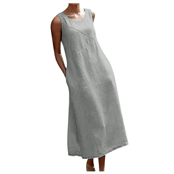 Plus Size Maxi Dress for Women Sleeveless Crewneck Cotton Linen Long Dress Summer Casual Comfy Tank Dress with Pockets