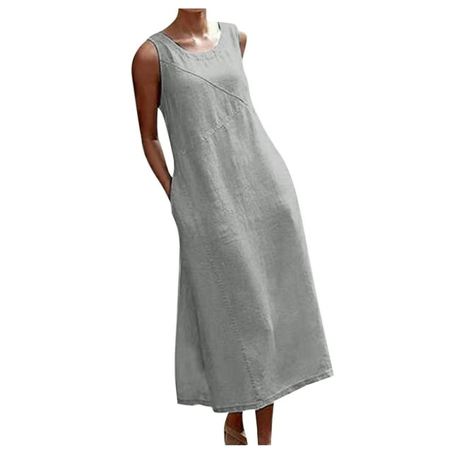 AherBiu Robe Grande Taille pour Femmes en Coton et Lin Sans Manches Décontractée Ample Longue avec Poches