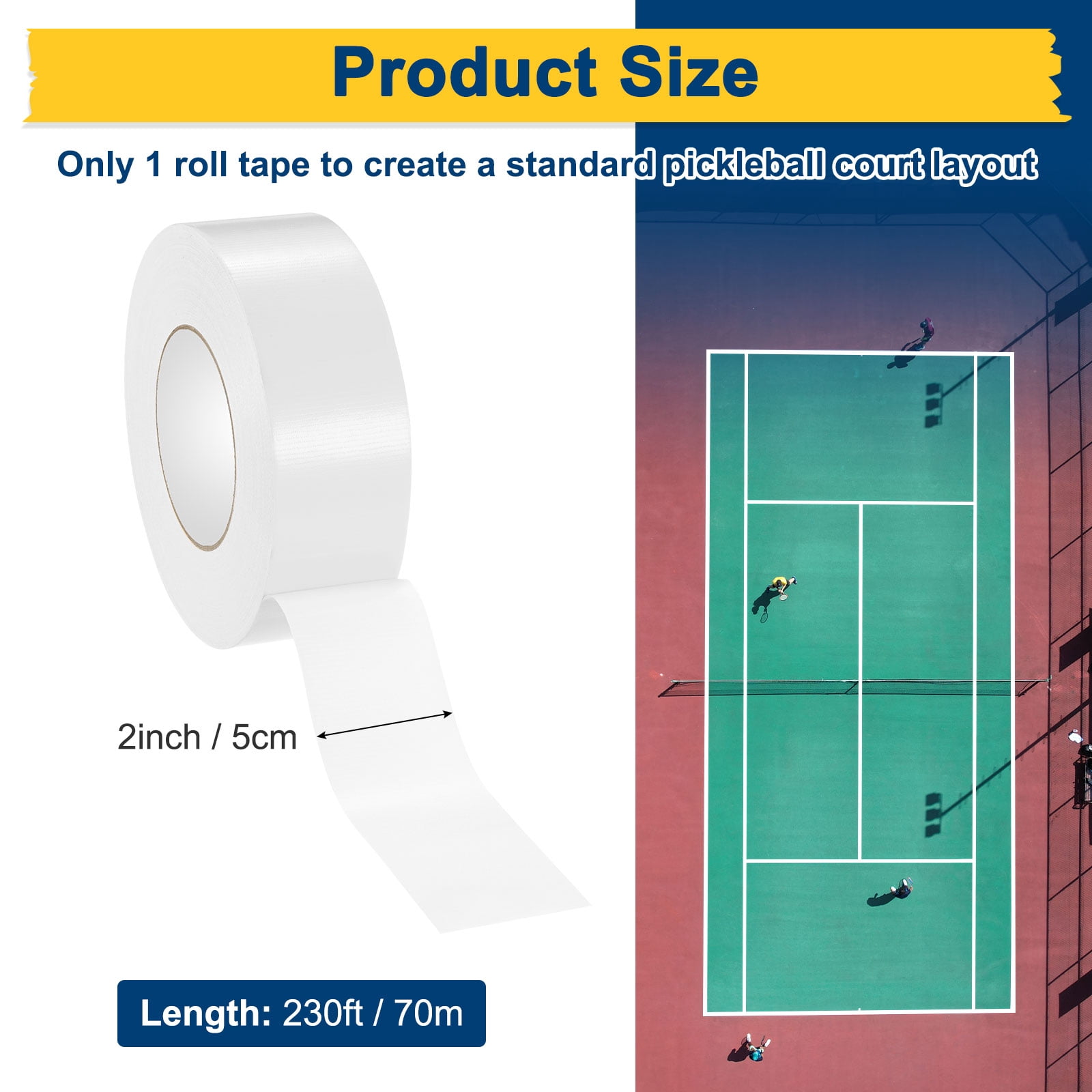 Uxcell Pickleball Court Tape, 2Inch x 230Ft Outdoor Pickleball Lines, Court Marking Kit for Temporary/Gym/Tennis/Driveway/Badminton/Sport [White]