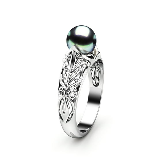 Filigree Black Pearl Engagement Ring