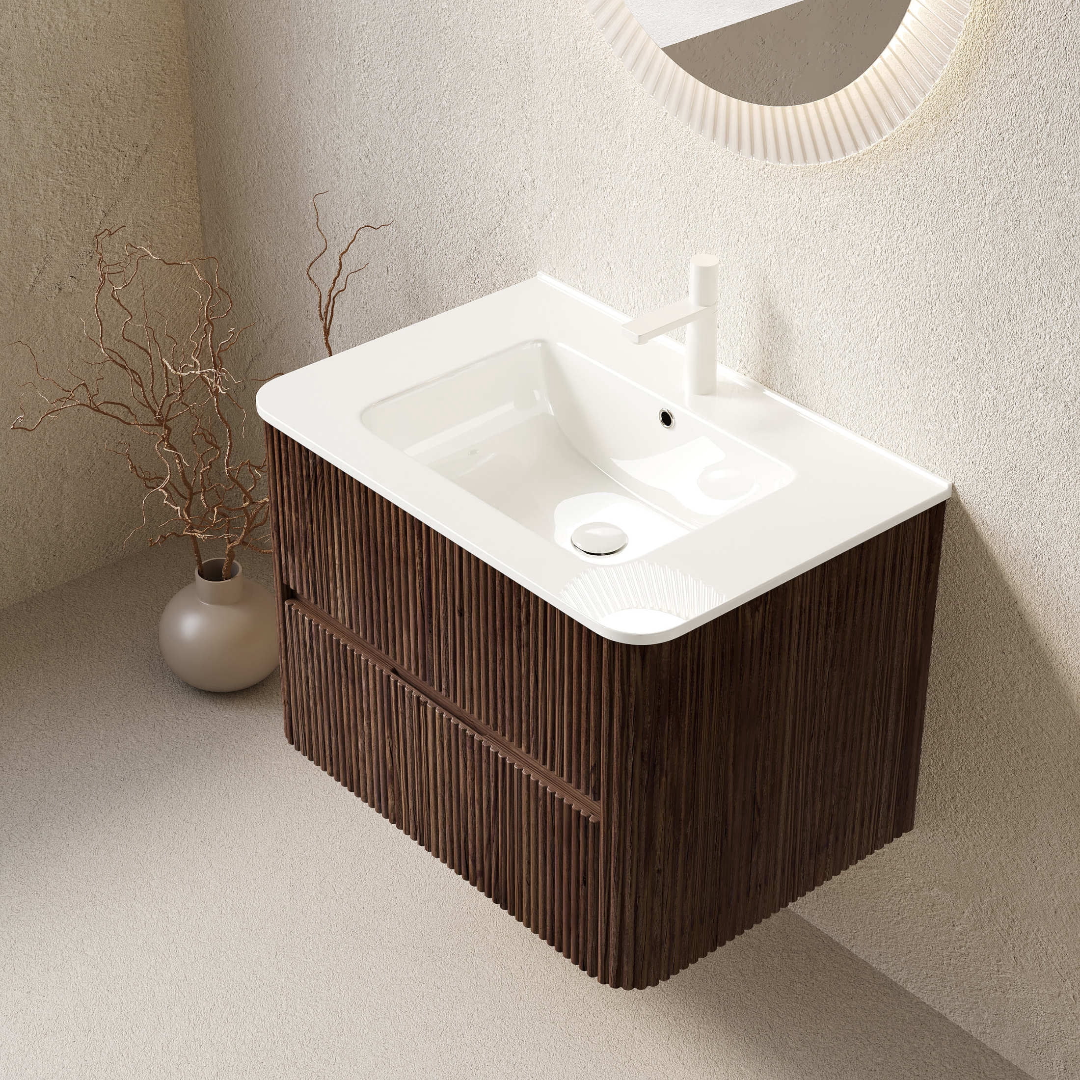 Noble House Noor 30" Floating Bathroom Vanity with Seamless Ceramic Basin, Retro Soft-Close Drawers, Walnut