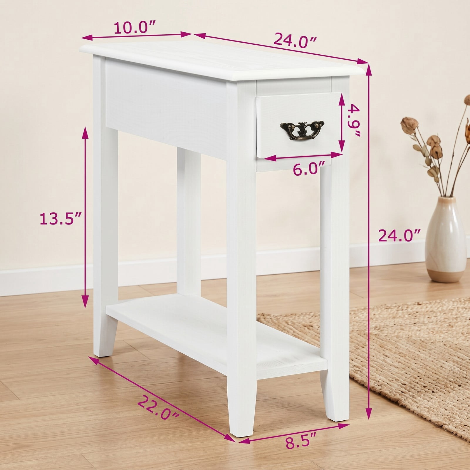 Furnibear 2-Piece Sofa Side End Table Set with Drawer and Open Shelf, 2-Tier Narrow Nightstand Bedside Table for Living Room Bedroom Small Space, MDF and Rubber, White