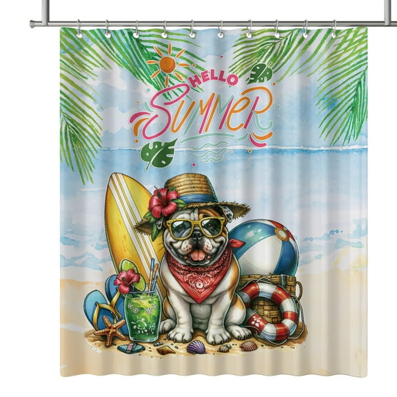 Bulldog Hello Summer with Sunglasses and Surfboard Tropical Vibes Shower Curtain Dog Lover Gifts Idea Waterproof Bathroom Bathtub Curtain - 00007
