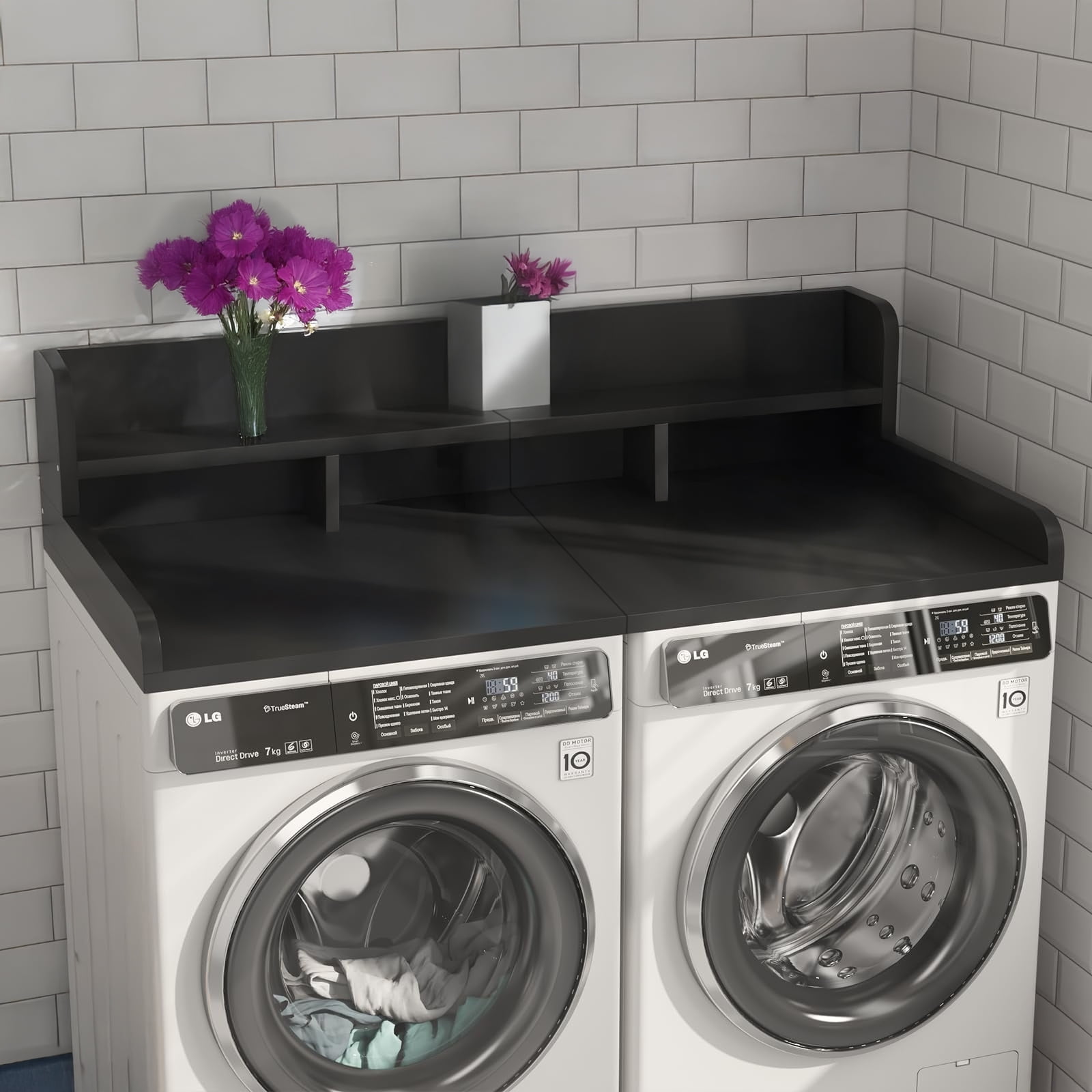 Roninkier Washer Dryer Countertop, Laundry Wood Shelf Topper, 54" Width x 27.5" Depth Double Layer Organizer, Black