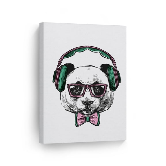 Smile Art Design Portrait of Hipster Panda Pink Glasses Headphone Bow Tie Drawing Animal Canvas Wall Art Print Office Living Room Bedroom Kids Girl Boy Baby Nursery Room Decor Ready to Hang - 12x8
