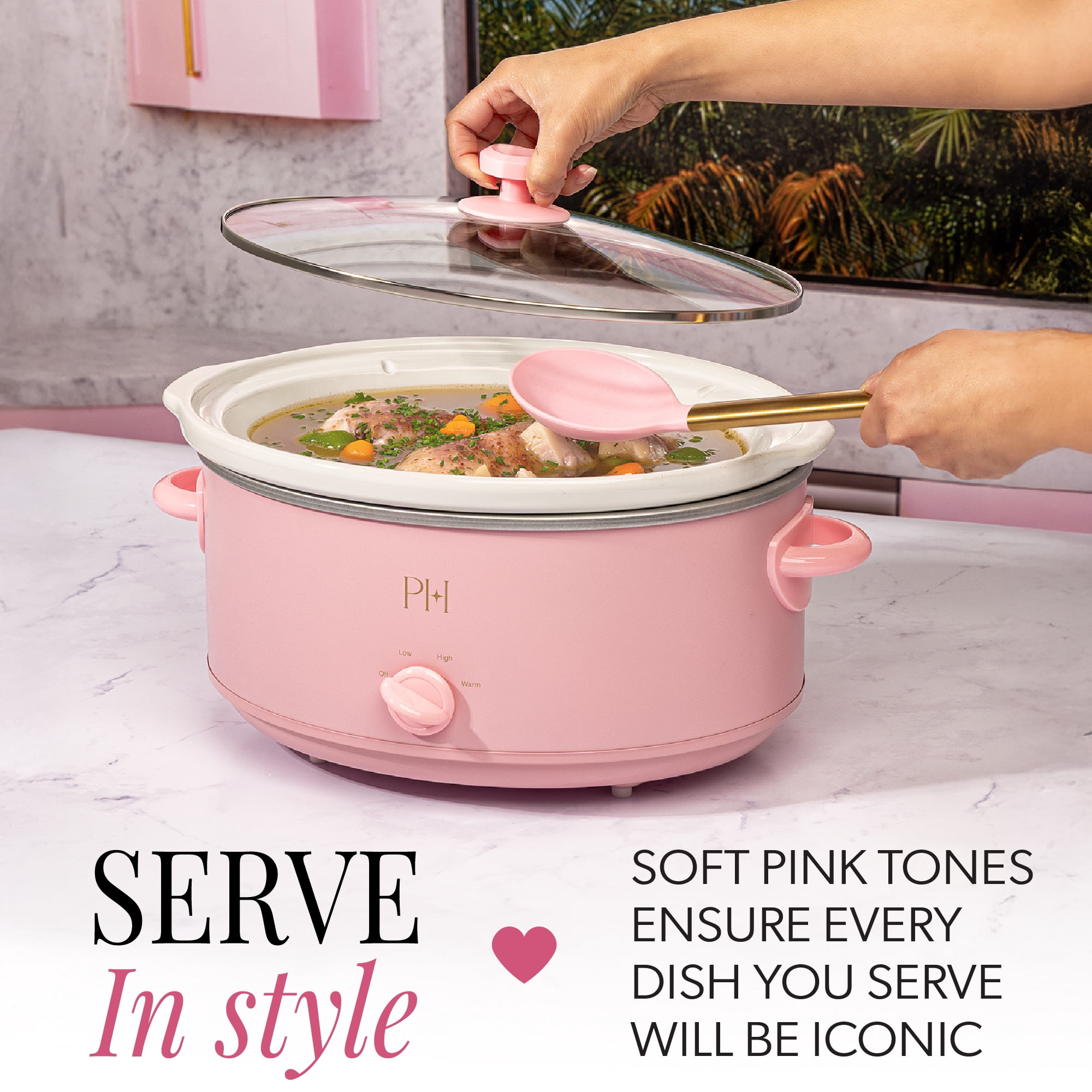Paris Hilton 7-Quart Manual Slow Cooker with Removable Stoneware Pot and Tempered Glass Lid, 3 Heat Settings, Pink