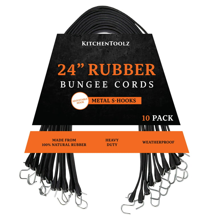 Natural Rubber Bungee Cords with Adjustable Metal S Hooks 10 Pack 24 inch  Heavy Duty Outdoor Tarp Straps Weatherproof Black Tie Downs by Kitchentoolz  