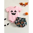 thumbnail image 2 of ZAXARRA Ensemble Pantalon Bébé Fille, Halloween Manches Courtes Col Rond Imprimé Sourire Chemise + Short Imprimé Citrouille, 2 of 9