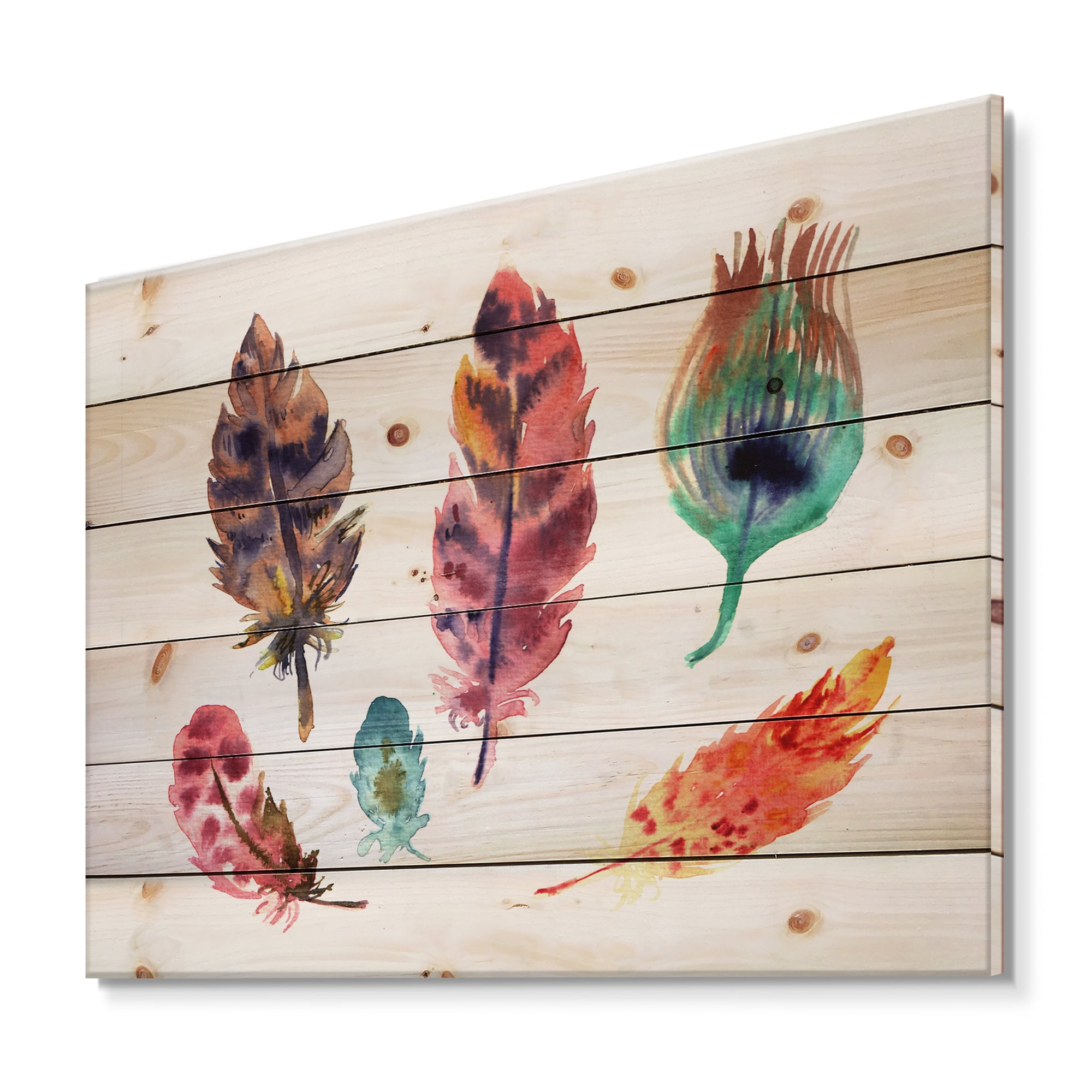Designart 'Colourful Boho Art Feather Set II' Bohemian & Eclectic Print on Natural Pine Wood