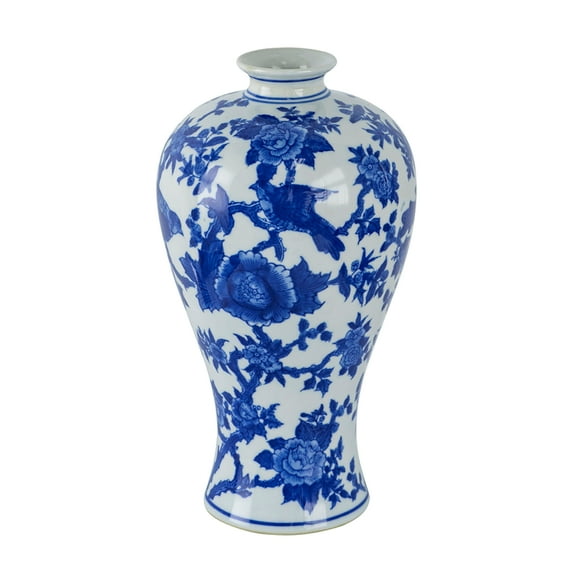 CC Home Furnishings Floral Bird Porcelain Vase - 13" - Blue and White