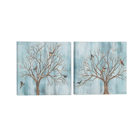 Wall Art With Paint Decmode Natural Canvas And Wood Painted Deciduous Tree With Birds Framed Wall Art, Brown - Set of 2 ()