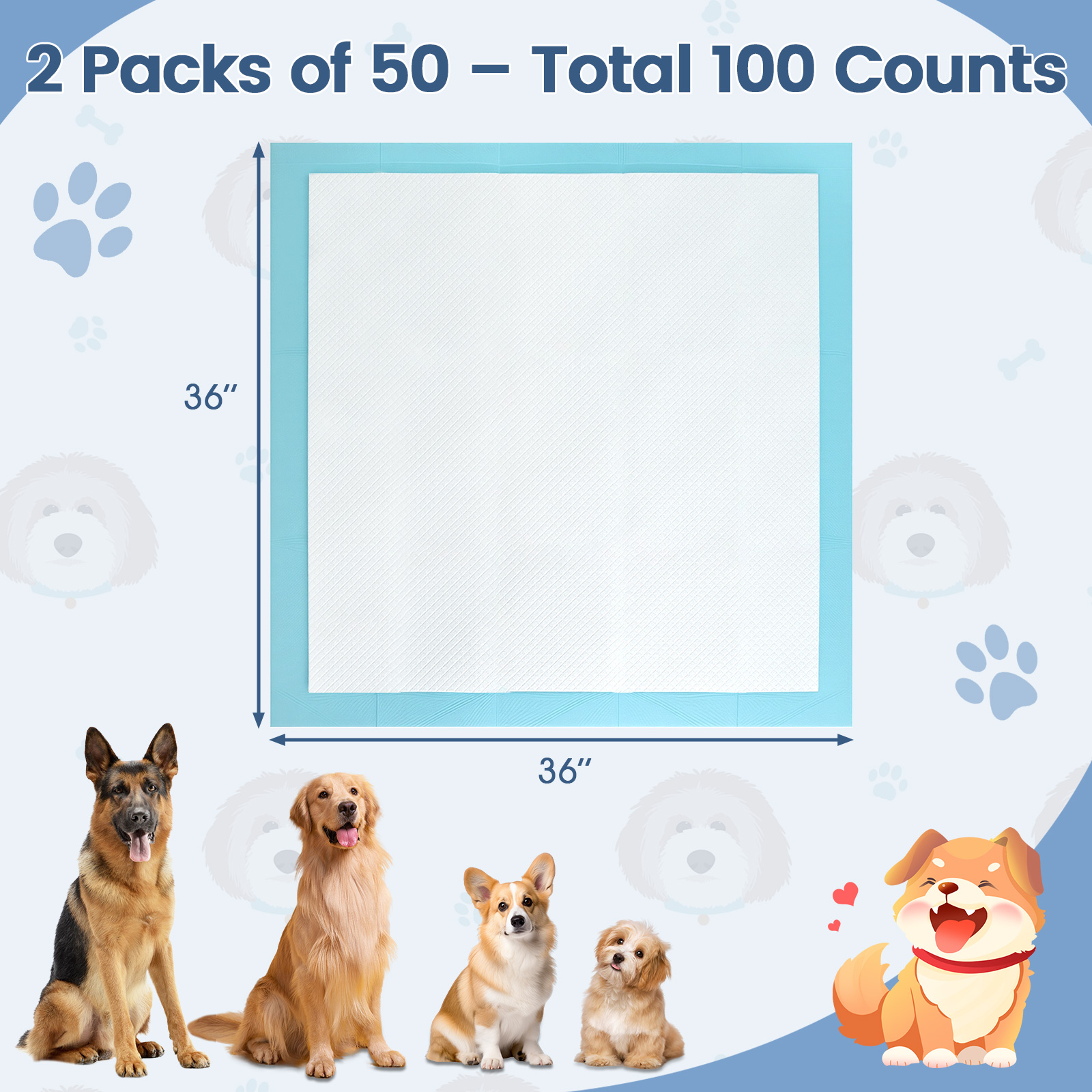 Gymax 36''x 36''(100 Counts) Dog Potty Training Pads Puppy Pee Pads w/ Quick-Drying