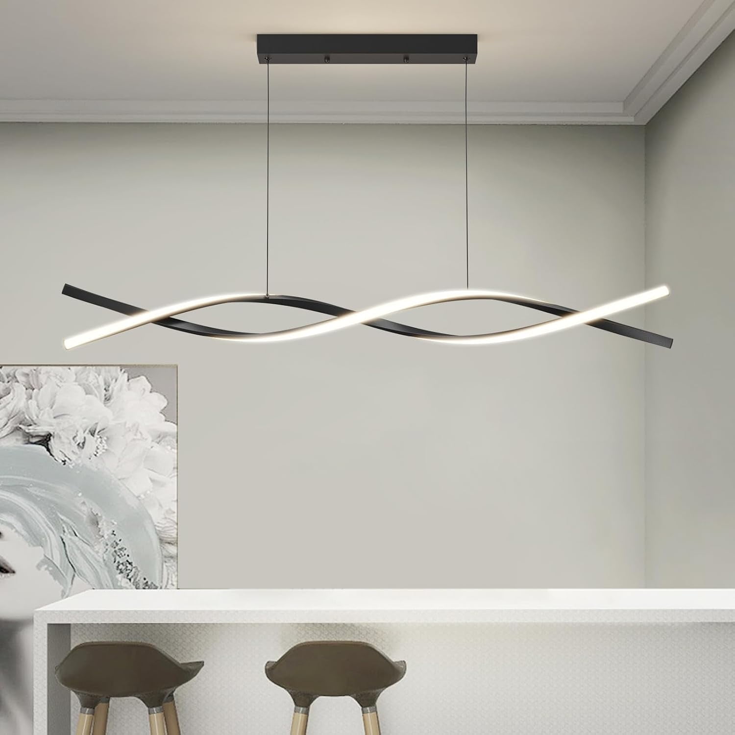 39inch Black Chandelier Modern Ceiling Wave Pendant Light Fixtures Hanging LED Color Temperature and Height Adjustable Chandeliers