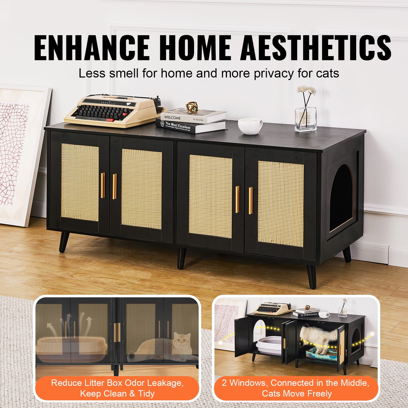 KFFKFF Cat Litter Box Enclosure for Two Cats, Hidden Litter Box Cabinet with Rattan-Style Doors, Wooden Design Compatible with Most Litter Boxes, 47.2"L x 19.7"W x 21.7"H, Black