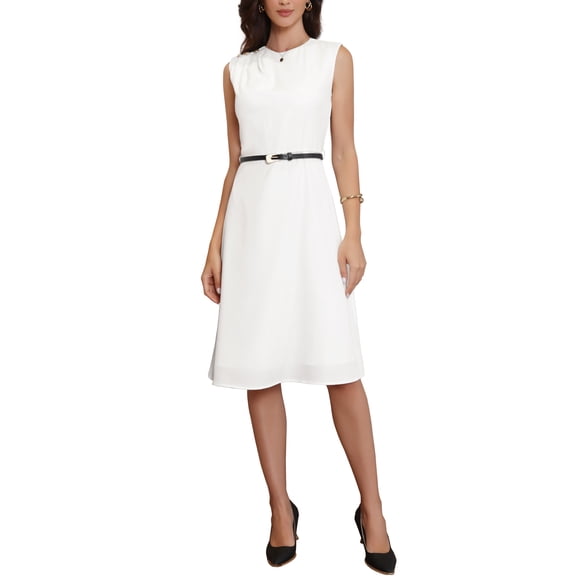 INSPIRE CHIC Work Dress for Women Sleeveless Button Decor Belted  A Line Business Casual Dresses XS Cream White