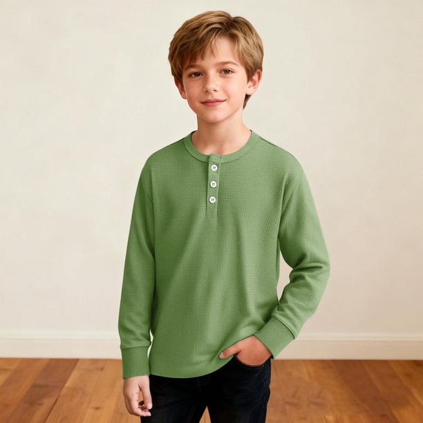 Camiseta de manga larga con cuello redondo para niño, informal, de color liso