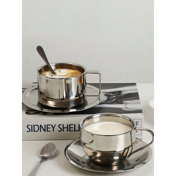 1set Coffee Cup Saucer Set Retro Stainless Steel Coffee Cup Exquisite Posing Vlog Afternoon Tea Cup