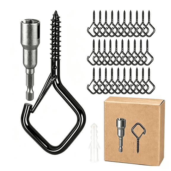 30-Pack Black Square Screw-in Hooks with Safety Latches, Metal Ceiling and Wall Hooks for Hanging Plants, String Lights, Wind Chimes and Decorations