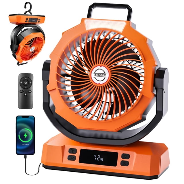 Ventilador de camping Sireck recargable de 4000 mAh con luz LED (naranja)