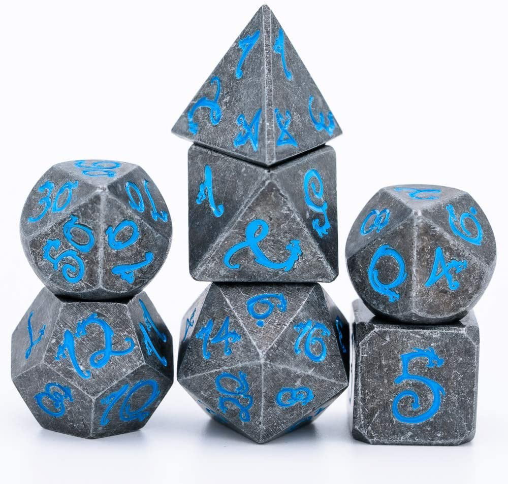 BLUE 7Pcs Metal Polyhedral Dice Set DND RPG MTG Role Playing Dragons Table Game 