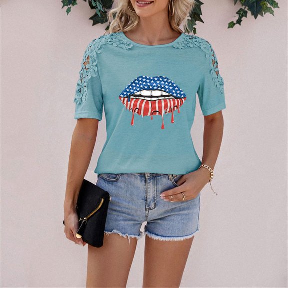 Independence Day Women's V Neck Lace Tank Tops Summer Casual Sleeveless Shirts Tops Side Split-7-XXS