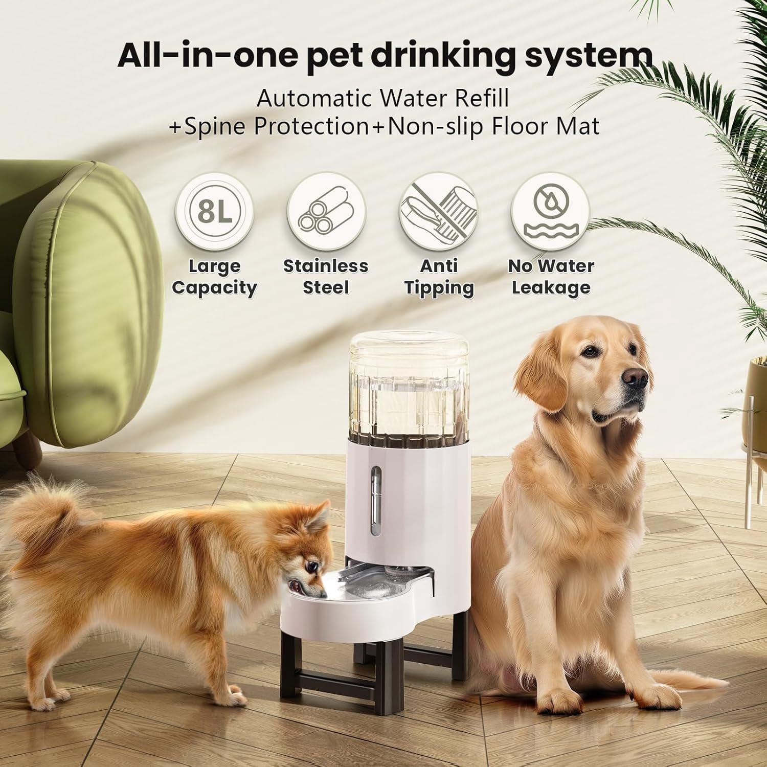 Elevated Dog Water Bowl Dispenser for Large Dogs, 8L Tall Raised Pet Waterer Stand, Relieve Neck Pressure, Large Capacity and Drinking Area Noise-Free for Pets (8L+Stand, White)