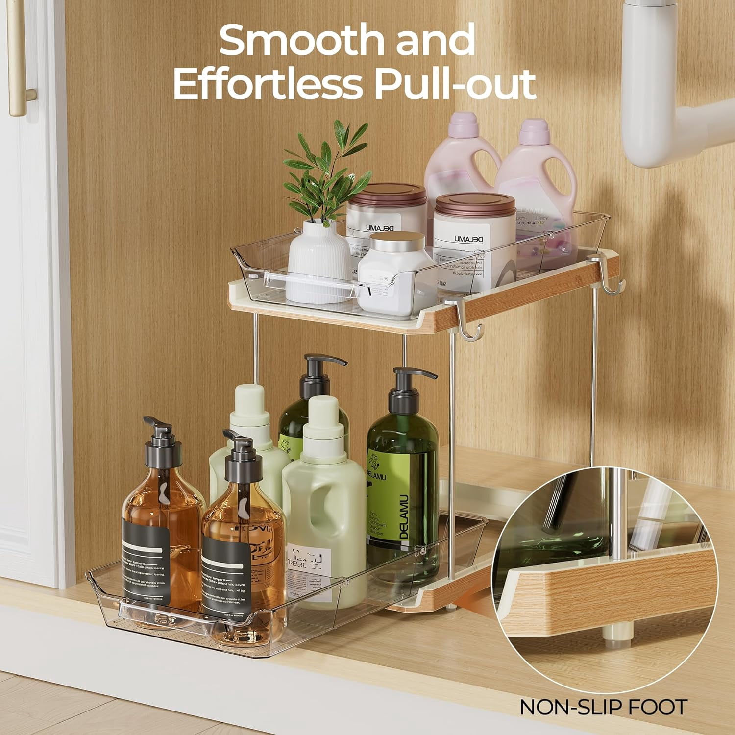 2 Tier Bathroom Under Sink Organizers and Storage with Hook, Multi-Purpose Cabinet Drawers with Movable Dividers, Pull Out Organization for Countertop, Kitchen and Pantry(Wood Grain, 4 Pack)
