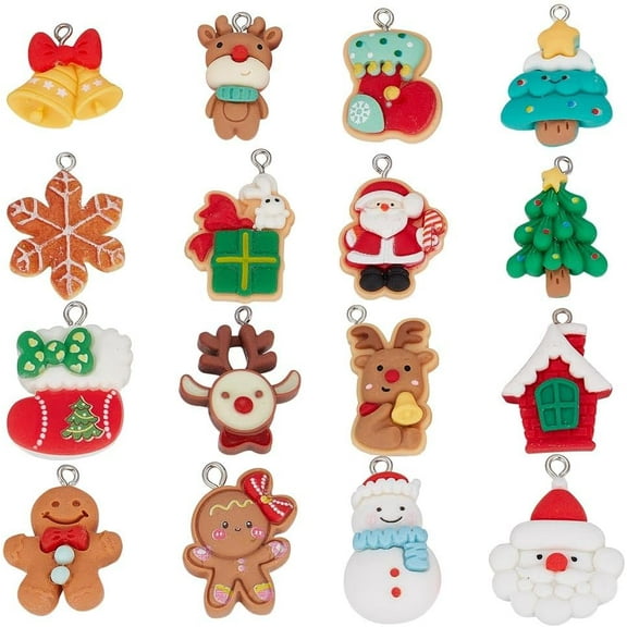 1 Box 32pcs 16 Styles Christmas Charms Bulk Snowman Charms Resin Snowman Tree Snowflake Reindeer Socks Holiday House Charm
