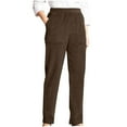 thumbnail image 3 of Elastic Waist Straight Leg Pants with Pockets, Knit Flannel Trousers for Women, High Waisted Casual Long Pants, Solid Color Lounge Pants, Winter Warm Gifts for Women | Sopatenor,Coffee L, 3 of 9