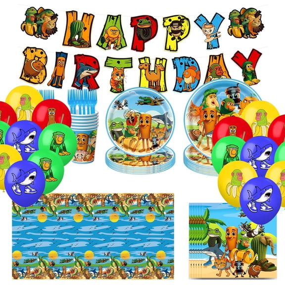 Italian Brainrot Birthday Decorations Set with Happy Birthday Tralalero Banner, Brain Rot Balloons, Plates, Napkins,Paper cups, Tablecloth, Forks for Kids Party C113