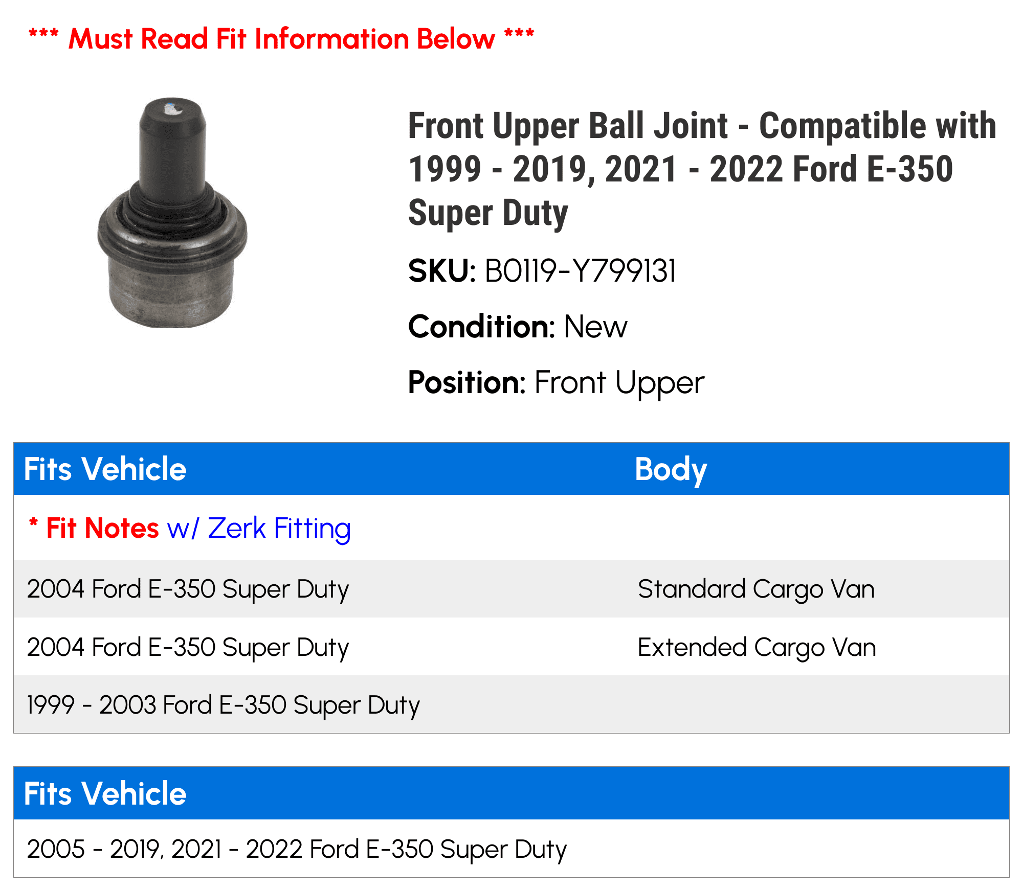 Front Upper Ball Joint - Compatible with 1999 - 2019, 2021 - 2022 Ford E-350 Super Duty 2000 2001 2002 2003 2004 2005 2006 2007 2008 2009 2010 2011 2012 2013 2014 2015 2016 2017 2018