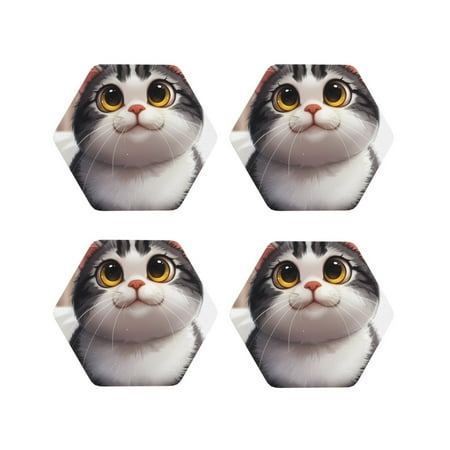 

Fuzoiu Cute Cartoon Kitten Print Leather Coasters Set Drink Coasters Set of 4 for Tabletop Protection Durable PVC Coasters Home Décor and Housewarming Gift-Hexagon
