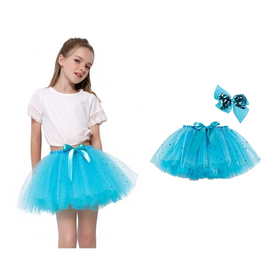 Tutu for Girls Layered Blue Tutu Sparkly Skirt with Bow Hair Clip Elastic Waist Ballet Dance Dress Princess Tutu Fairy Dress 5-8 Years