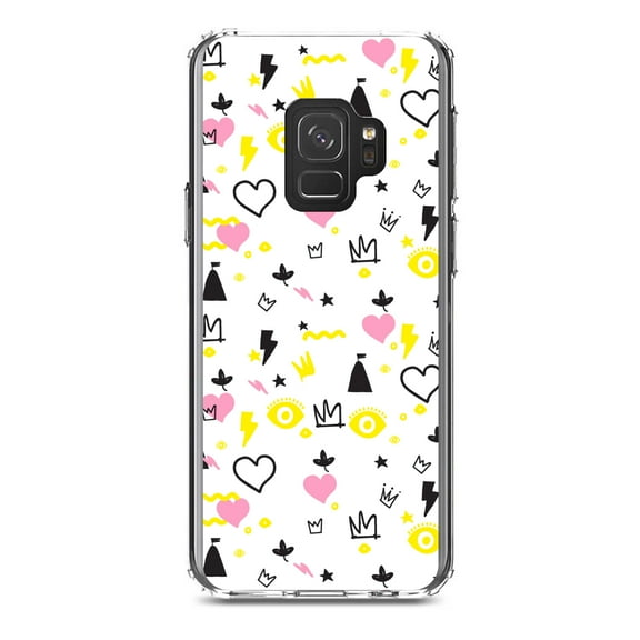 DistinctInk Clear Shockproof Hybrid Case for Samsung Galaxy S9 (5.8" Screen) - TPU Bumper, Acrylic Back, Tempered Glass Screen Protector - Girl Power - Crown Hearts Castle Pink Yellow
