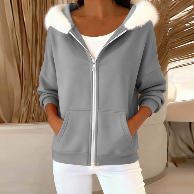 TINZ Knit Hoodie Coat With Patch Pockets For Cozy Zip Front Knit Sweater Coat With Trim Relaxed Fit Plus Size Oversized Winter Coat for Women plus Ski Jacket