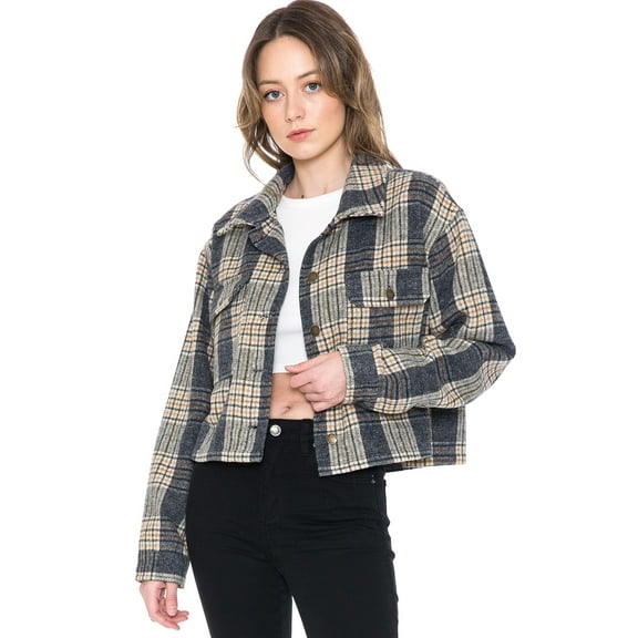 Cali1850 Women's Plaid Flannel Cropped Long Sleeve Shacket Button Down Casual Jacket