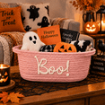thumbnail image 4 of Halloween Woven Storage Basket, 12.2 Inch Pink Boo Storage Bin for Candy, Toys and Home Decor, 4 of 6