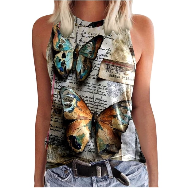 Blusa sin mangas con cuello redondo y estampado de moda para mujer Pompotops lopia993971