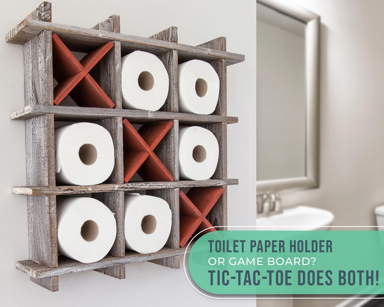Comfify Tic Tac Toe Toilet Paper Holder, Metal, Freestanding or Wall-Mounted, Distressed White Bathroom Accessory