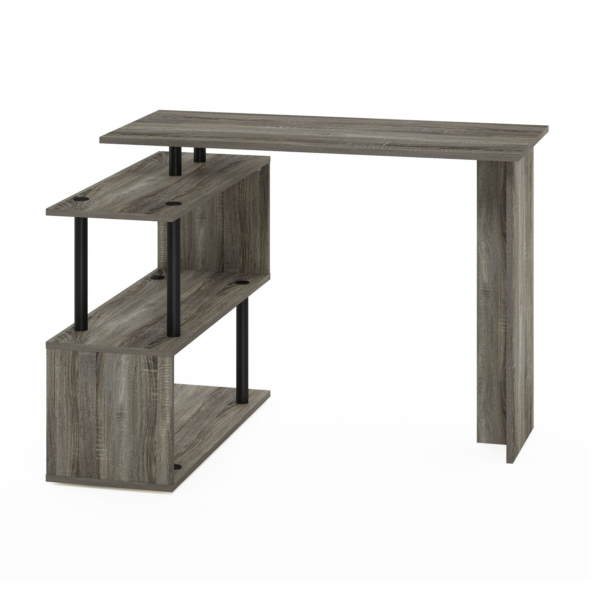 Furinno Moore L-Shape Computer Desk with 3-Tier Shelves, French Oak/Black