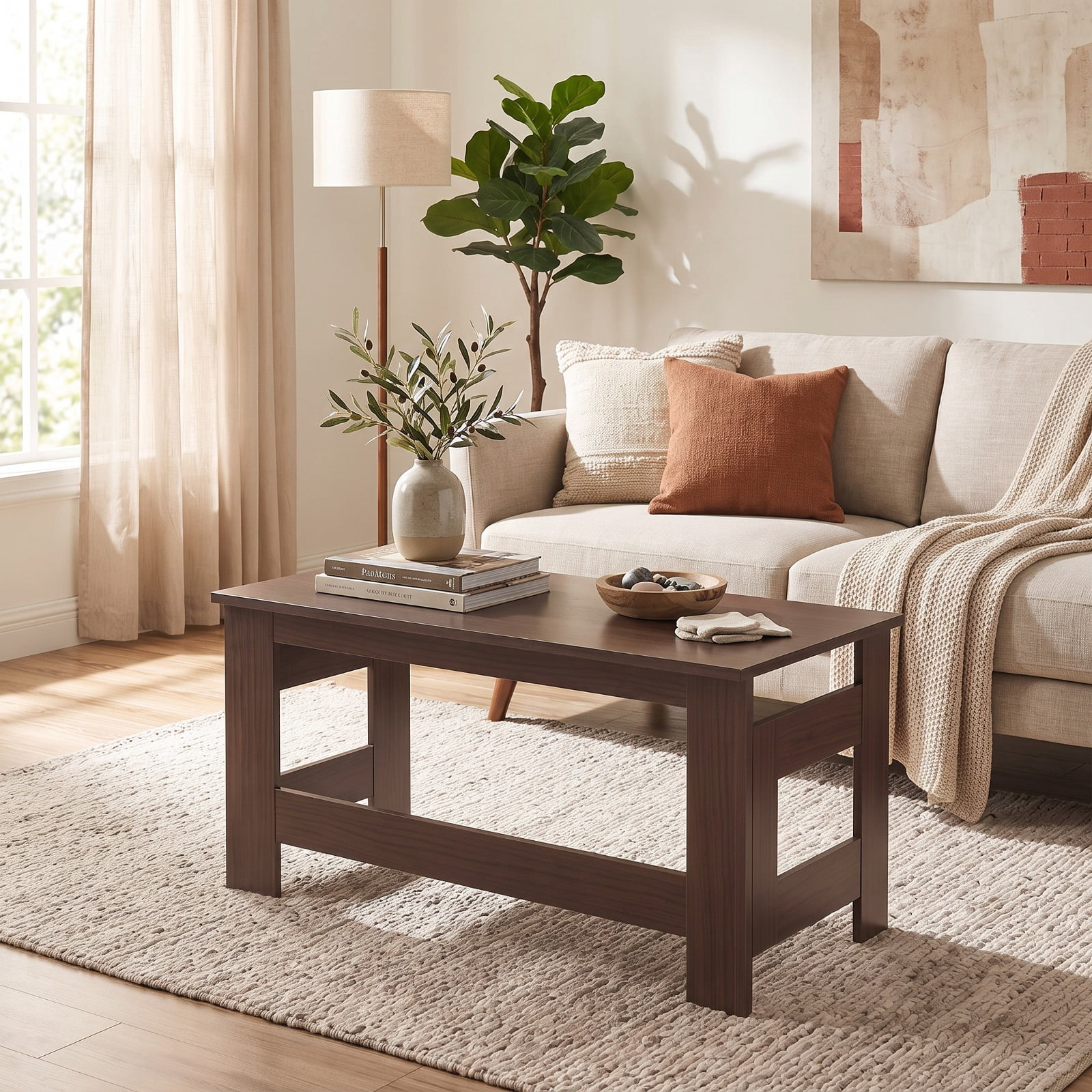 Furnibear Portable Low Floor Table with Foldable Legs Space Saving Folding Coffee Table for Living Room Dining Reading Gaming, Brown
